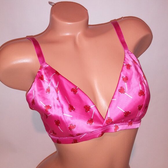 Victoria’s Secret Tease Bralette Bra Medium DD Pink Satin Lollipop Hearts Wirele - Picture 2 of 12